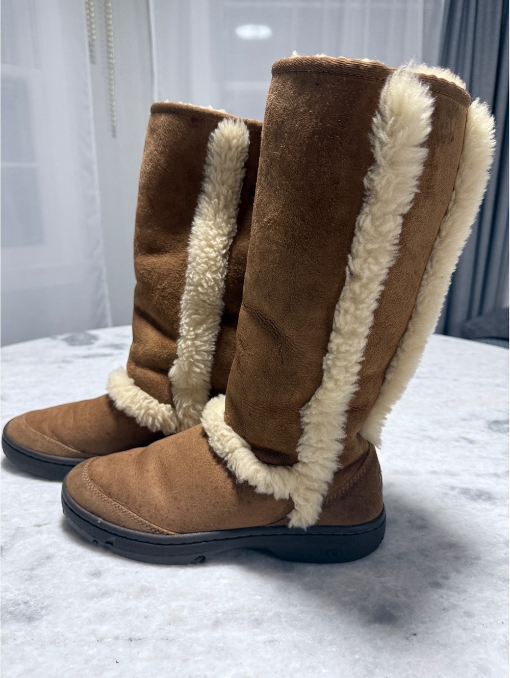 UGG Australia Tall Brown Shearling Boots with Cream Fur Trim